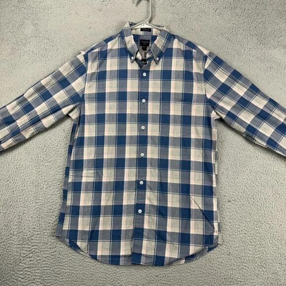 J Crew Shirt Adult Medium Flex Blue Grey Plaid Button Down Slim Fit Mens NEW
